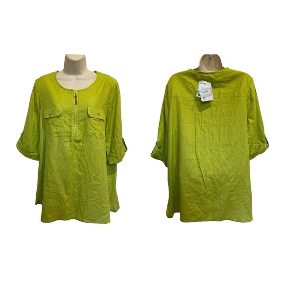 Emily Daniels Linen Blend Green 1/4 Zip Popover Tunic Top Blouse Sz L NWT - Picture 1 of 13